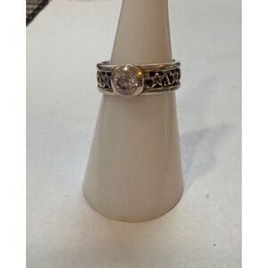 Sterling‎ Silver Star Ring Round Faceted Stone Band Sz 6.5